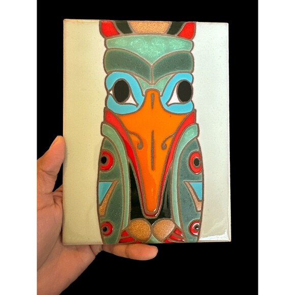 VTG 1988 Santa Fe Art Tile Cormorant Totem 6”x8” KWAKUITL Hand Painted Trivet - Picture 1 of 4